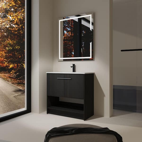 36 in. Single Sink Freestanding Black Bath Vanity with White Ceramic Top Open Shelf and Door Storage Cabinet Unassembled