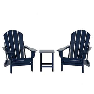 Laguna 3-Piece Fade Resistant Outdoor Patio HDPE Poly Plastic Folding Adirondack Chair Set with Side Table in Navy Blue
