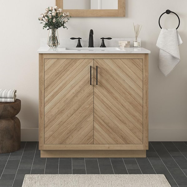 Glacier Bay Huckleberry 36 in. W x 19 in. D x 34 in. H Single Sink Bath Vanity in Weathered Tan with White Engineered Marble Top