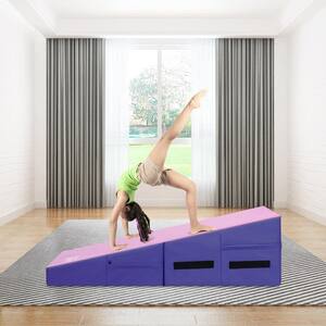 Pink + Purple 23.5''x 47'' PVC Folding Gymnastics Mat Gym Cheese Wedge Incline Mat with Handles Total of 8 sq.ft.