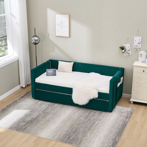 Fenora Modern Emerald Velvet Upholstered Wood Frame Diamond Grid Twin Daybed with Extended Pull-Out Trundle, USB Port