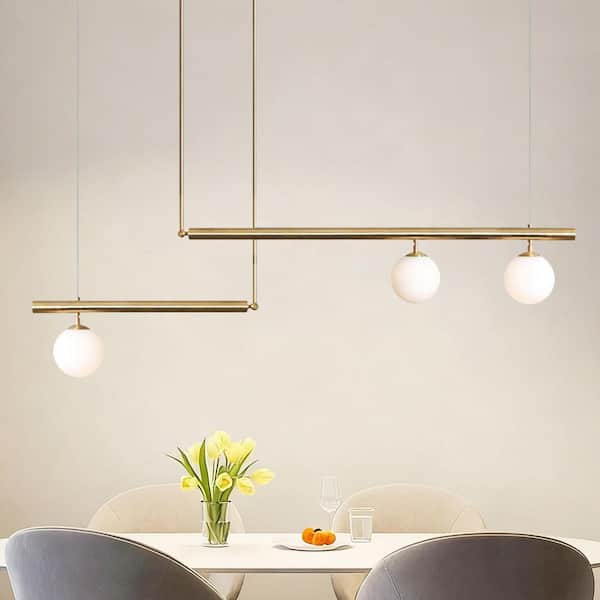 Orbit 3-Light Gold Modern Linear Chandelier with Opal Glass Shades for Dining Room, Kitchen Island