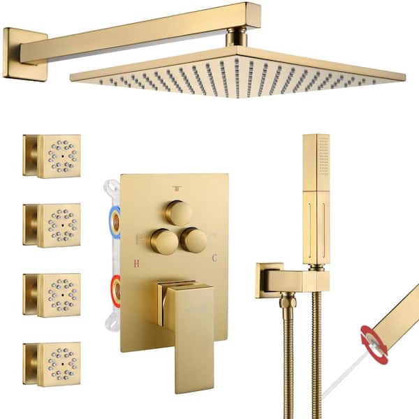 Vanfoxle Single Handle 5-Spray Shower Faucet 1.8 GPM 10 in. Square Wall Mounted with Pressure Balance in. Brushed Gold with 4-Jet