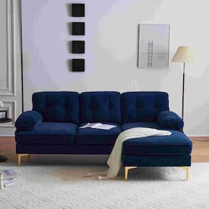 83 in. Square Arm Velvet L-Shaped Sofa in Blue