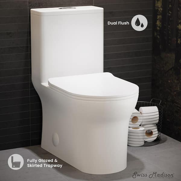 Burdon 1-Piece 12 in. Rough-in 1.1/1.6GPF Dual Flush Elongated Toilet in Glossy White with Chrome Hardware Seat Included