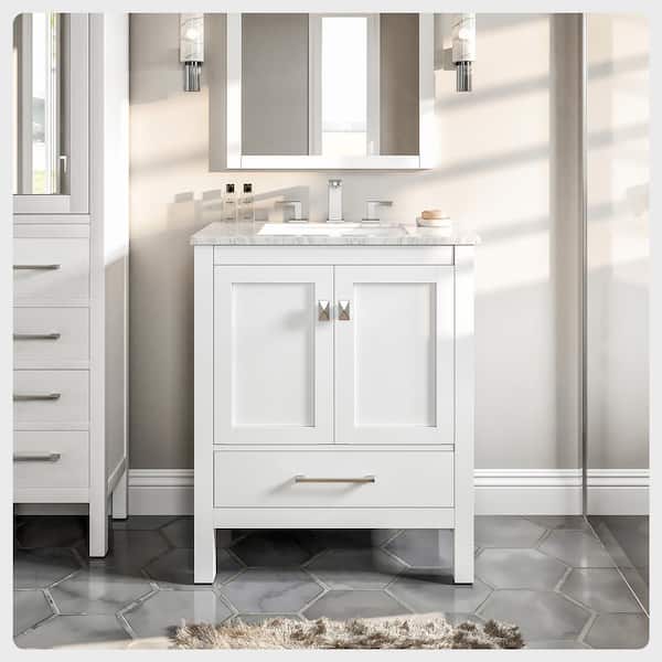 Eviva Aberdeen 30 in. W x 22 in. D x 34 in. H Bath Vanity in White with White Carrara Marble Top with White Sink