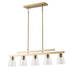 Kitchen Island 39.96 in. 5-Light Brass Chandelier Hanging Light Fixture with Clear Glass Shades