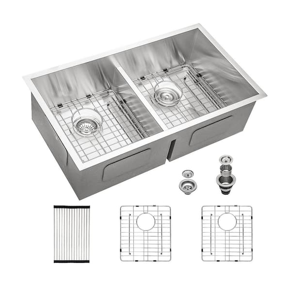 30 in. Undermount 50/50 Double Bowl 16-Gauge Stainless Steel Low Divider Kitchen Sink R10 Round Corner with Bottom Grids
