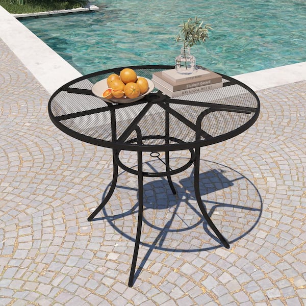 Black Steel Mesh Patio Dining Table 36 in. Outdoor Round Dining Table with Umbrella Hole for Deck Lawn Garden