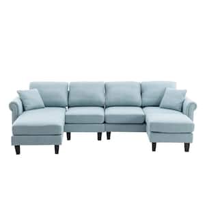 108 in. W Fabric Seat 2-Arms 4-Piece L Shaped Sectional Sofa in Light Blue with Removable Ottoman and Wood Legs