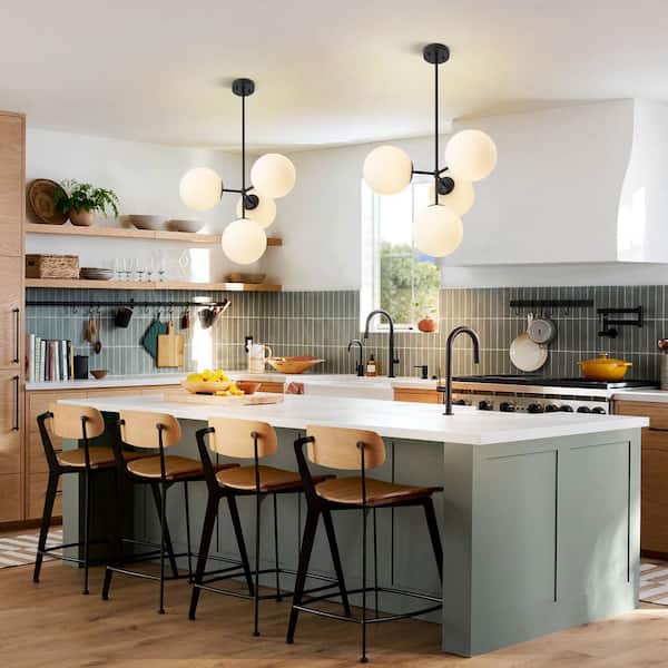 Sydni 40-Watt 4-Light Modern Black Linear Frosted Glass Globe Bubble Pendant Light 2-Tier Cluster Island Lighting