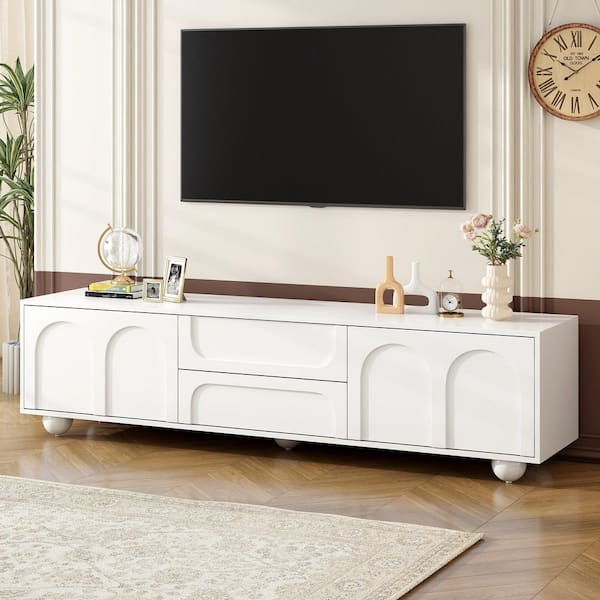 Nestfair 69.6 in. White TV Stand Fits TVs up to 75 in. with 5 Iron Round Legs Arched Doors and 2-Drawers