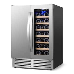 23.43 in. Dual Zone 18-Bottle and 57-Can Beverage & Wine Cooler Refrigerator in Silver Stainless Steel Blue LED 4-Handle