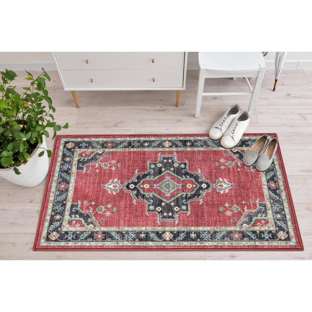 Red Medallion Polyester Rectangular Washable Area Rug 2' x 3'