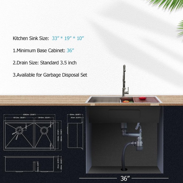 KABCO OTD33SSGRC 33 Inch Double Bowl Low Divider Workstation Kitchen Sink,  16 Gauge Undermount or Topmount Zero Radius Drop in Stainless Steel Sink