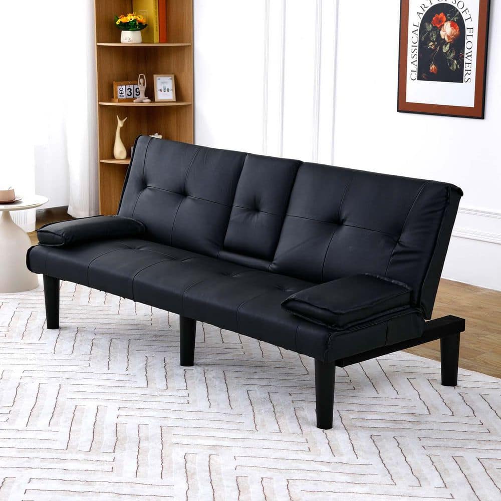 mainstay black leather bed settee Mainstays Memory Foam Futon Leather Futon With Cup Holders 67 Black PVC  Leather Upholstered Futon Sofa Bed Convertible