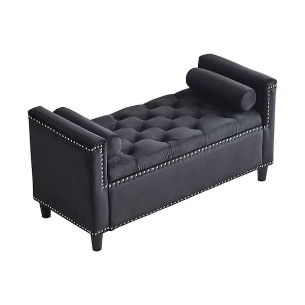 CSC DECOR INC Black Velvet Dining Bench 44.5 in. Button Bedside Storage Bench with Armrests, Nailhead Trim Upholstered Bedroom Bench
