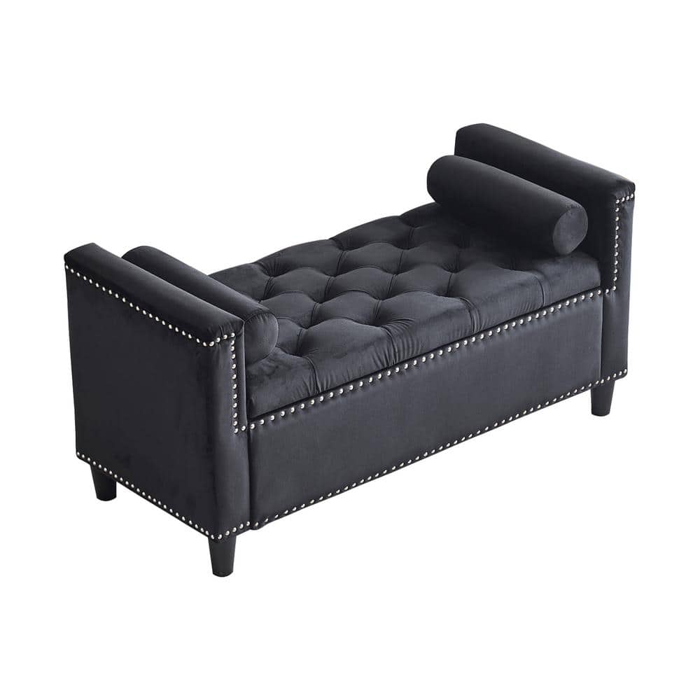 Black Velvet Dining Bench 44.5 in. Button Bedside Storage Bench with Armres
