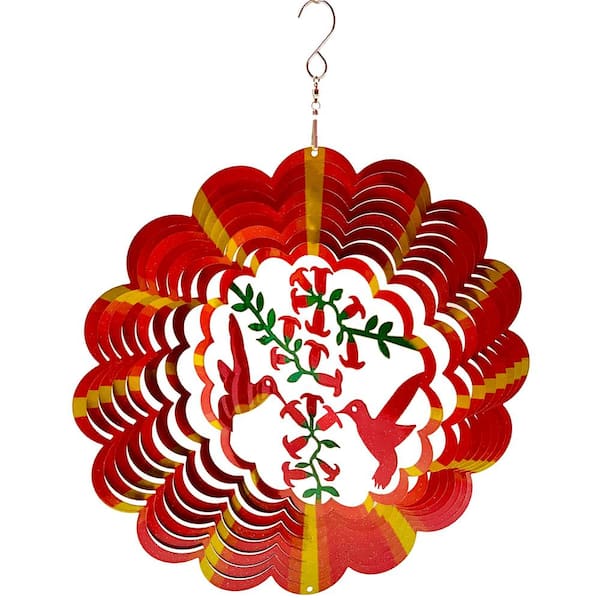 Dundee Deco Falkirk Wind 12 in. Stainless Steel Wind Spinner Mandala Humminbirds in Red Yellow
