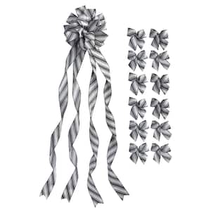 Ivory and Black Large Ivory Ribbon Christmas Tree Topper Bow and 12 Mini Bows, Stripe Print (13-Pieces)