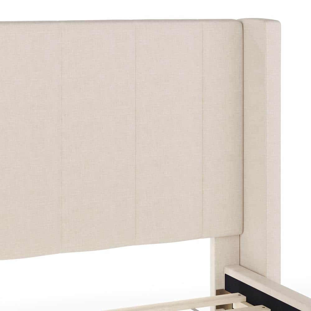 Beige Linen Upholstered Full Platform Bed with Wood Frame