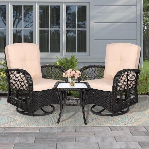 Unbranded 3-Piece Wicker Outdoor Dining Set with Beige Cushion Outdoor Wicker Rocker Swivel Patio Bistro Set