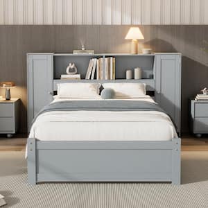 Gray Wood Frame Twin Size Platform Bed with Storage Headboard and Lockers