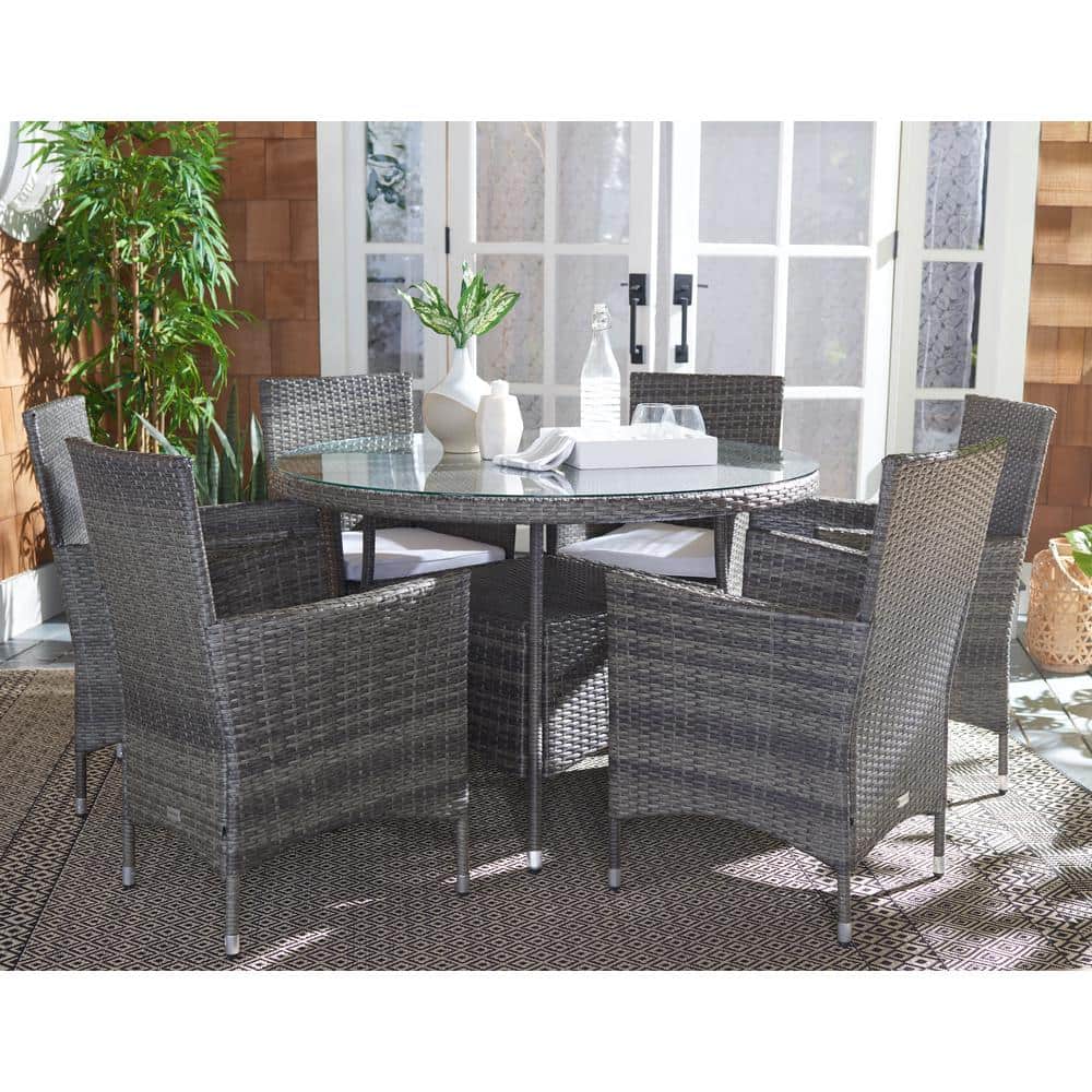 Challe 47" Round Grey Brown Wicker Outdoor Dining Set with White Cushions