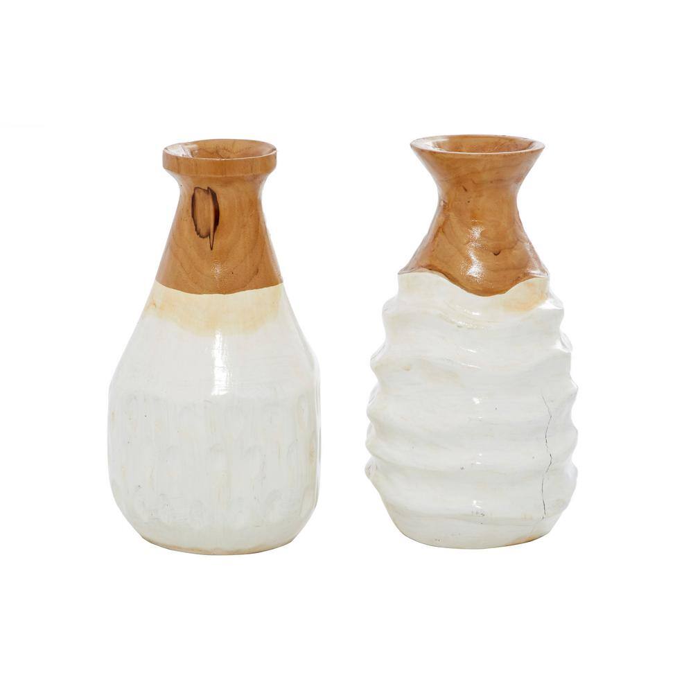 Handmade White Teak Wood Ripple Texture Vase Set, 5.5" x 9.9"