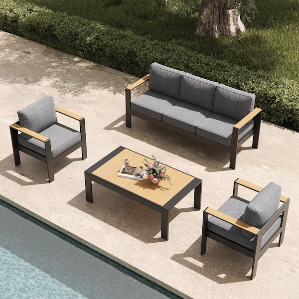 LayinSun 4-Piece Aluminum Outdoor Conversation Set with Coffee Table and Gray Cushion