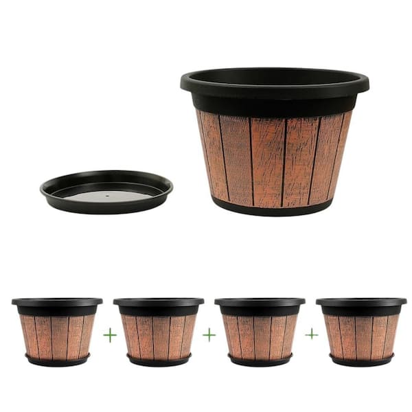 12 in. Dia x 9 in. H 7.5 qts. Brown Round Whiskey Barrel Planter with Drainage Holes and Saucer (4-Pack)