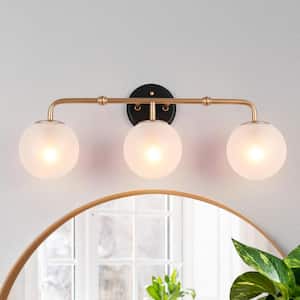 Cllenqy Modern 22 in. 3-Light Vintage Gold Linear Vanity Light with Matte Black Accents and Frosted Glass Globe Shades