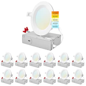 4 in. 10.5W CCT 5 Color Selectable Canless Ultra Thin J-Box Remodel Integrated LED Recessed Light Kit Baffle (12-Pack)