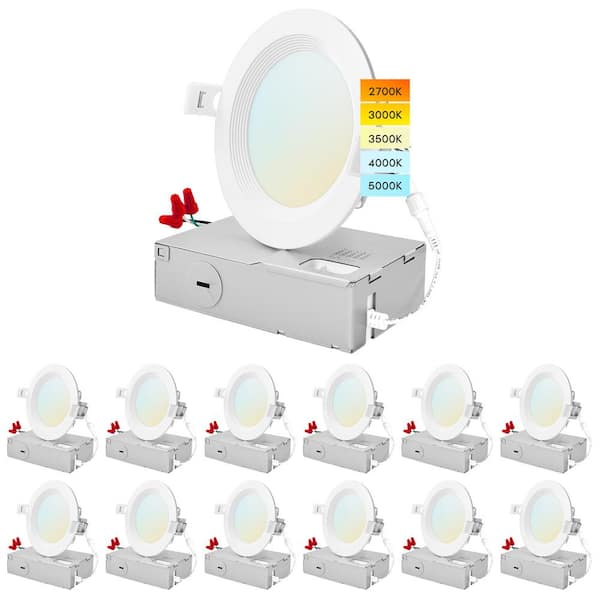 LUXRITE 4 in. 10.5W CCT 5 Color Selectable Canless Ultra Thin J-Box Remodel Integrated LED Recessed Light Kit Baffle (12-Pack)