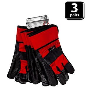 Premium 3 in. Safety Cuff Work Leather Gloves with Extra Leather Knuckle Protection (3-Pairs)