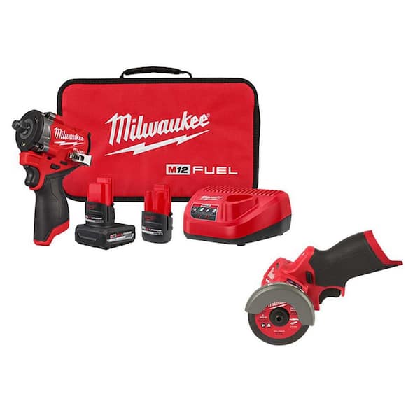 M12 FUEL 12V Li-Ion Brushless Cordless Stubby 1/2 in. Impact Wrench Kit with Cut Off Saw, Batteries and Charger