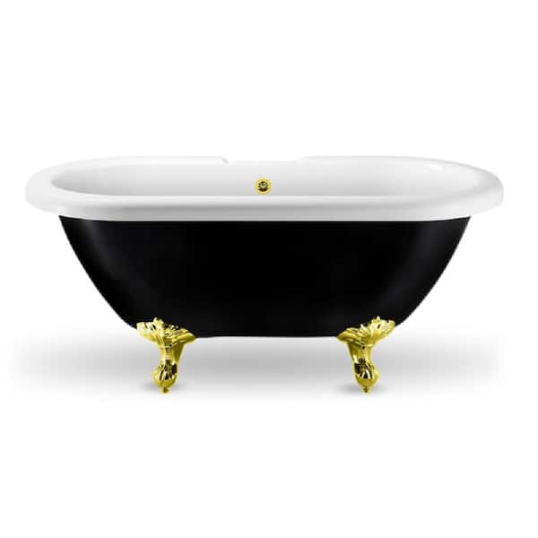 Streamline 59 in. Acrylic Clawfoot Non-Whirlpool Bathtub in Glossy Black With Polished Gold Clawfeet And Polished Gold Drain