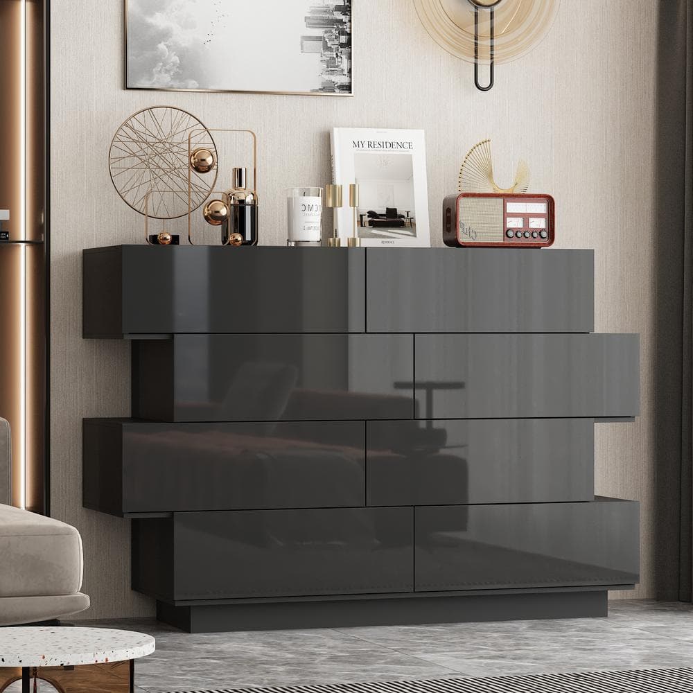 【オープニングセール】 Black Gloss High W in. 50.6 FUFU&GAGA Wood of Chest 8-Drawer その他