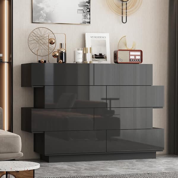 FUFU&GAGA 50.6 in. W High Gloss Black Wood 8-Drawer Chest of