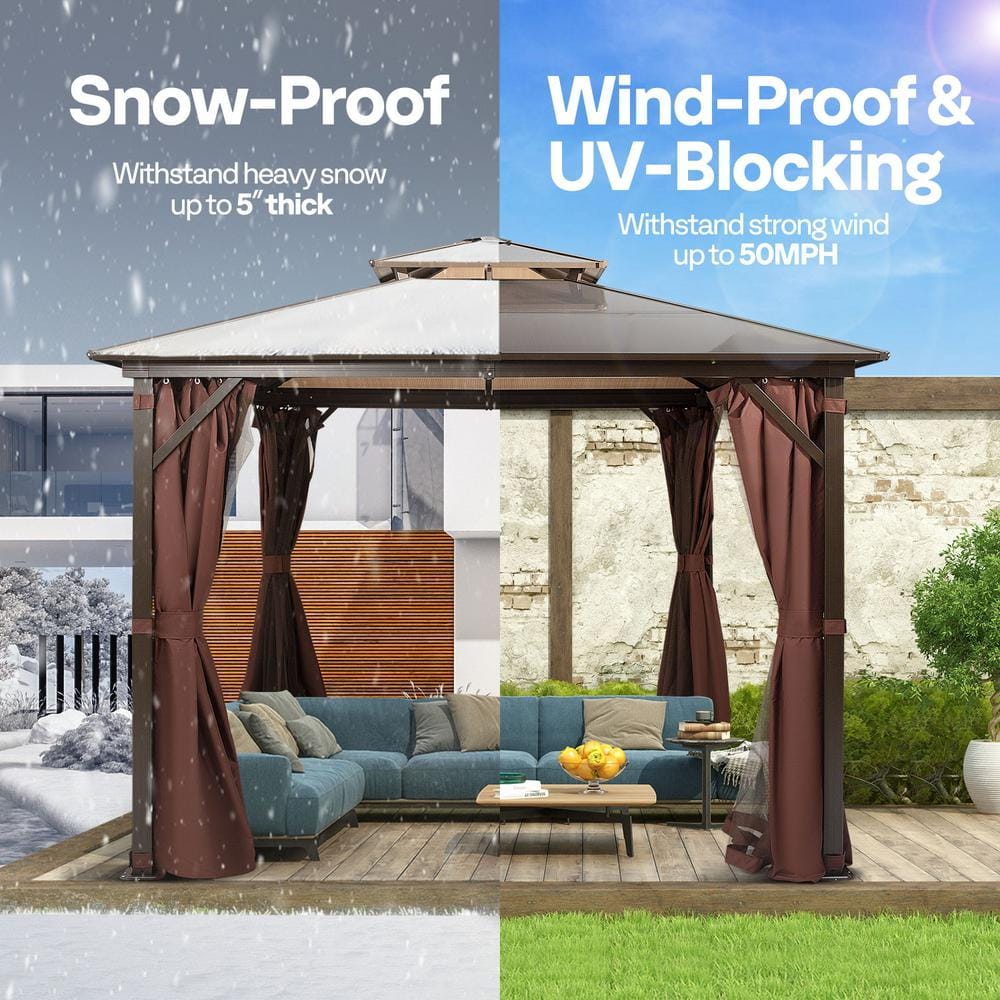 10x13 Brown Aluminum Patio Gazebo with Polycarbonate Roof