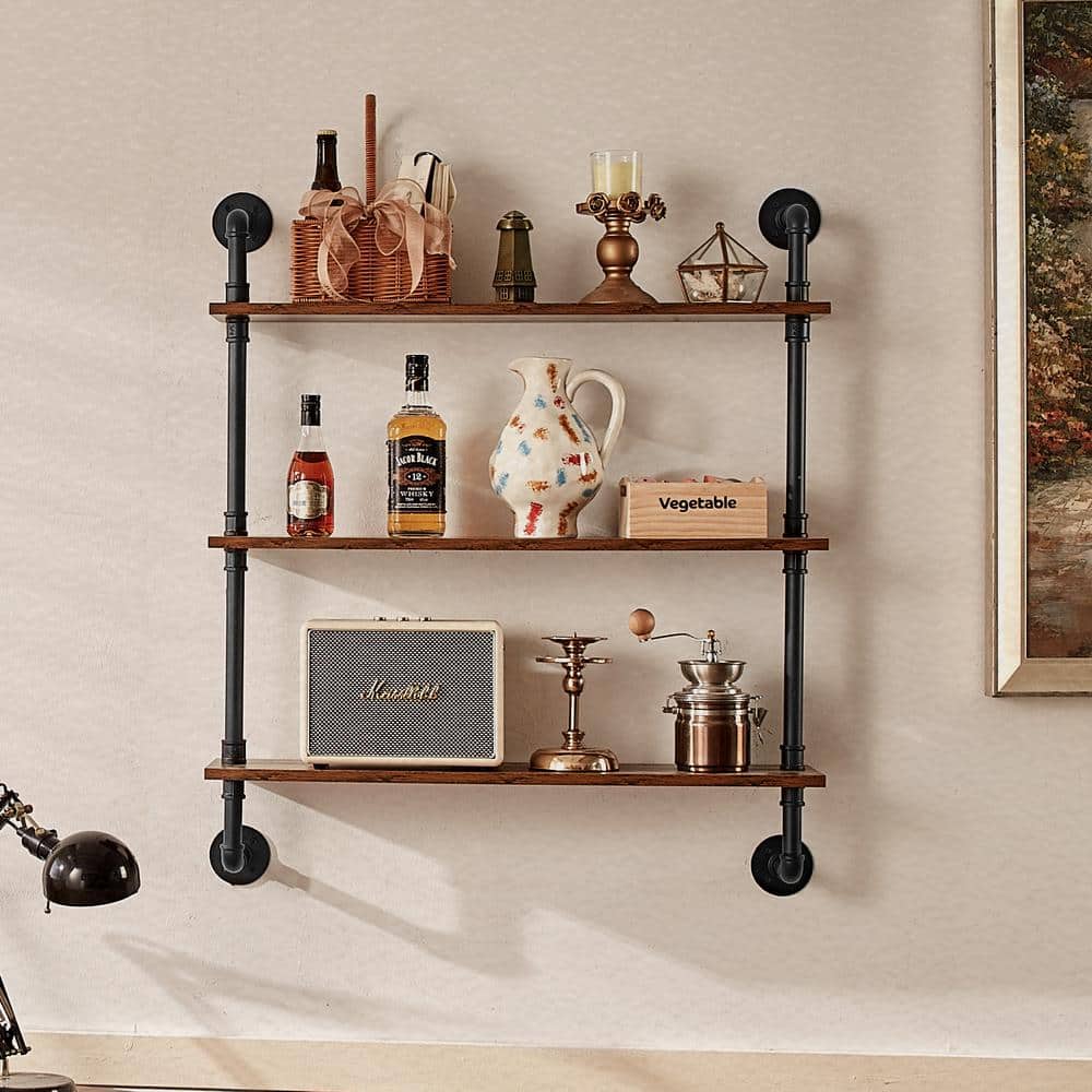 Industrial Black and Brown Wood Floating Accent Shelf