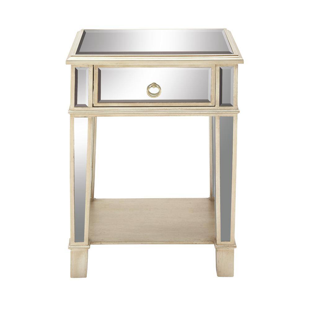 Beige Mirrored Fir Wood Accent Table with Storage