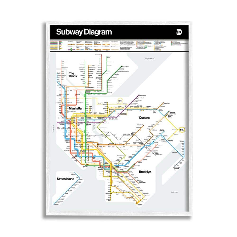 White Framed New York City Subway Map Print on Canvas, 11 x 14