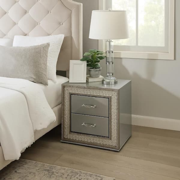 Cyl Metallic Gray and Silver 2-Drawer 17 in. W Nightstand