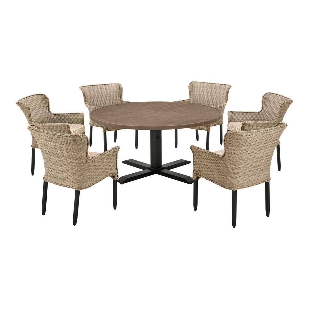 Hampton Bay Devonwood 7-Piece Light Brown Steel Wicker Outdoor Dining Set  with CushionGuard Toffee Trellis Tan Cushions GC11182ASETLTOF - The Home  Depot