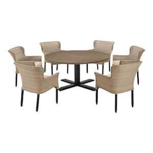 Devonwood 7-Piece Light Brown Steel Wicker Outdoor Dining Set with CushionGuard Toffee Trellis Tan Cushions