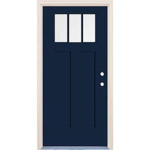 36 in. x 80 in. Left-Hand 3-Lite Clear Glass Indigo Painted Fiberglass Prehung Front Door with 6-9/16 in. Frame