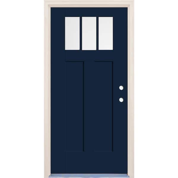 Builders Choice 36 in. x 80 in. Left-Hand 3-Lite Clear Glass Indigo Painted Fiberglass Prehung Front Door with 6-9/16 in. Frame