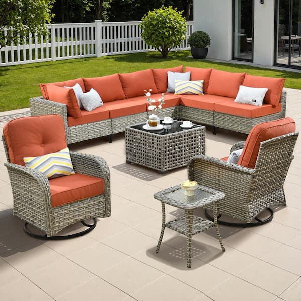 OVIOS Vinceny Gray 10-Piece Wicker Patio Conversation Set with Orange Red Cushions and Swivel Chairs