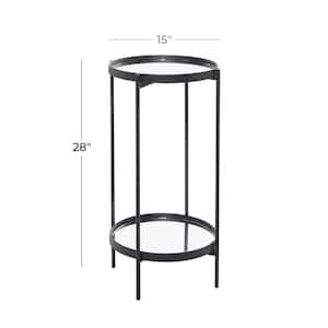 15 in. Black 2 Level Large Round Mirrored End Accent Table with Mirrored Glass Top